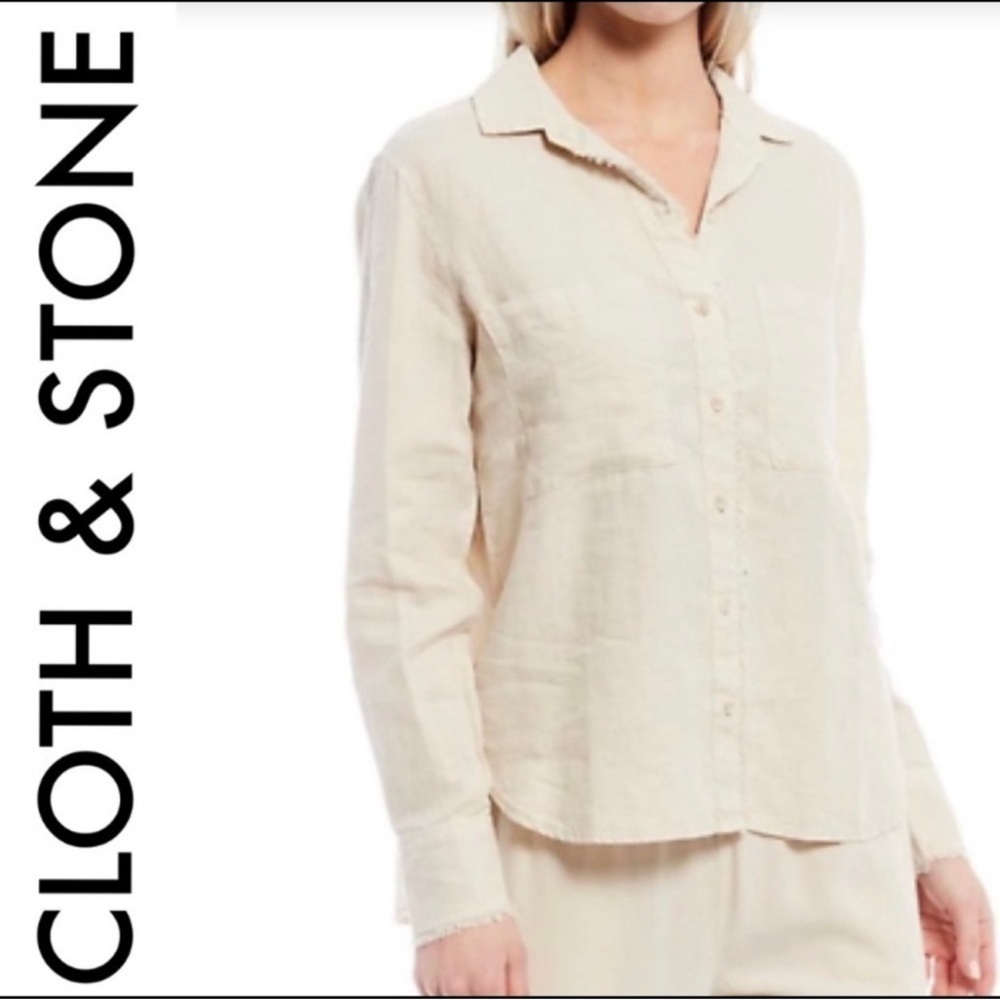 CLOTH & STONE ANTHROPOLOGIE LINEN FRAY BUTTON FRONT POINT COLLAR TOP‎ XS KHAKI